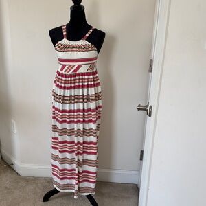 Ralph Lauren Striped Sleeveless Empire-Waist Maxi Dress in Red, White, Brown